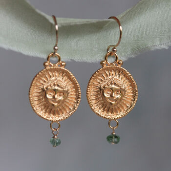Helios Sun Coin Gold Drop Earrings, 8 of 8