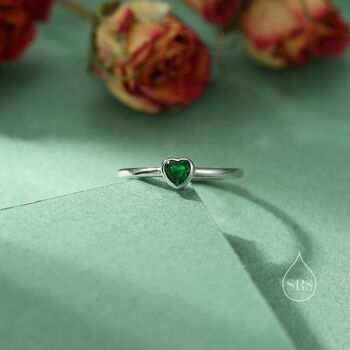 Sterling Silver Very Tiny Emerald Green Cz Heart Ring, 4 of 12