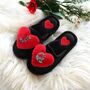 Personalised Faux Fur Black Fluffy Red Heart Slippers, thumbnail 5 of 6