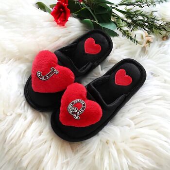 Personalised Faux Fur Black Fluffy Red Heart Slippers, 5 of 6