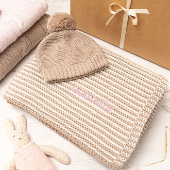 Cosy Mini Stripe Blanket And Bobble Hat Gift Set, 4 of 12