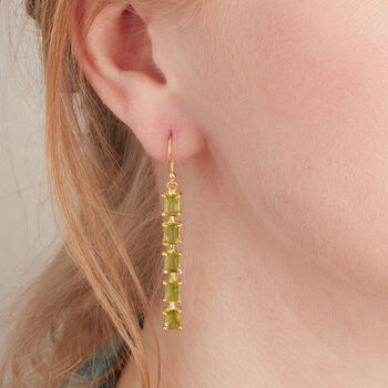 Green Peridot Baguette Long Drop Earrings, 4 of 9
