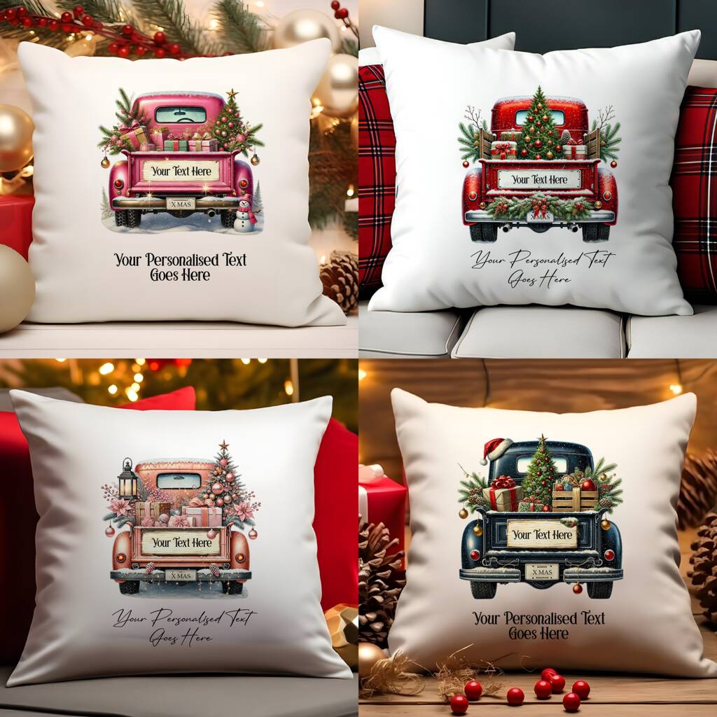 Personalised Christmas Vintage Truck Cushion – Choose Colour And Add Wording, 1 of 9