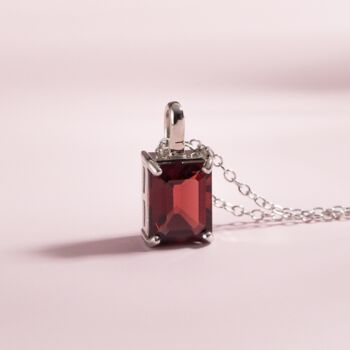 Garnet Emerald Cut Pendant Necklace In Sterling Silver And Gold, 8 of 11