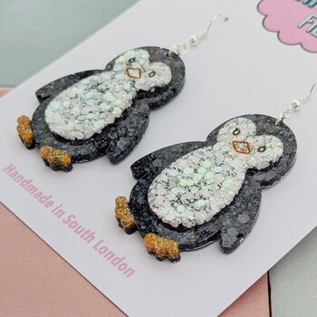 Penguin Christmas Glitter Resin Earrings, 4 of 4