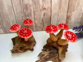 Handcrafted Red White Agaric Mushrooms On Teak Root Ornament, 3 of 6