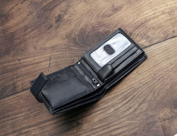 Men's Personalised Luxury Black Leather Wallet Trifold Rfid, 4 of 9