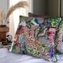 Wild Captivity Birds And Bird Cages Cushion With Flowers In Luxury Velvet On Dusty Pink, thumbnail 5 of 10