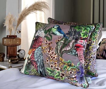 Wild Captivity Birds And Bird Cages Cushion With Flowers In Luxury Velvet On Dusty Pink, 5 of 10