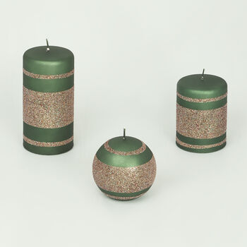 G Decor Green Cappuccino Striped Glitter Pillar Candles, 3 of 7
