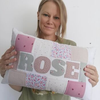 Memory Large Name Pillow, Custom Made From Baby Clothes. Personalised Cushion, Decorative Patchwork Pillow, 2 of 10