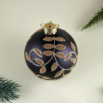 G Decor Black And Gold Leaf Luxury Glass Christmas Bauble Hand Decorated Festive Ornament, 2 of 3