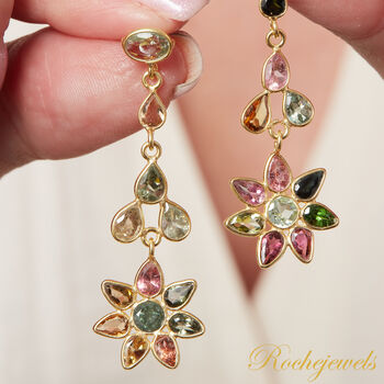 Multicoloured Tourmaline Star Shaped Long Stud Gold Earrings, 4 of 9