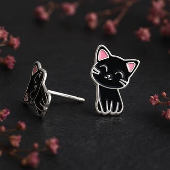 Girls Sterling Silver Black Cat Stud Earrings, 2 of 6