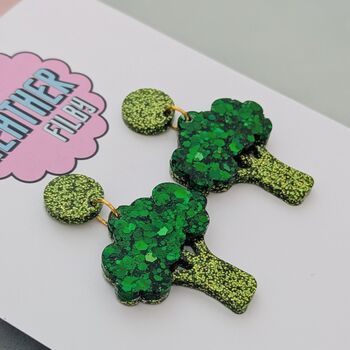 Small Broccoli Green Glitter Resin Earrings, 3 of 5