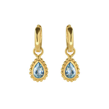 November Birthstone Blue Topaz Gold Plated Huggie Hoop Earrings, 2 of 12
