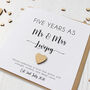 Personalised 5th Wedding Anniversary Card With Wood Heart, thumbnail 1 of 8