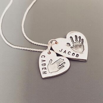 Personalised Double Heart Sibling Handprint Pendant, 3 of 3