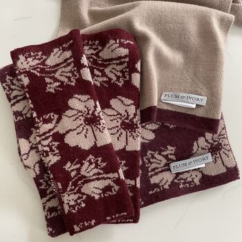 Women's Floral Cashmere Scarf Burgundy, 4 of 5