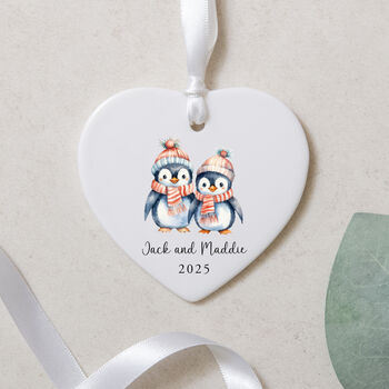 Personalised Penguin Christmas Heart Ceramic Decoration, 2 of 4