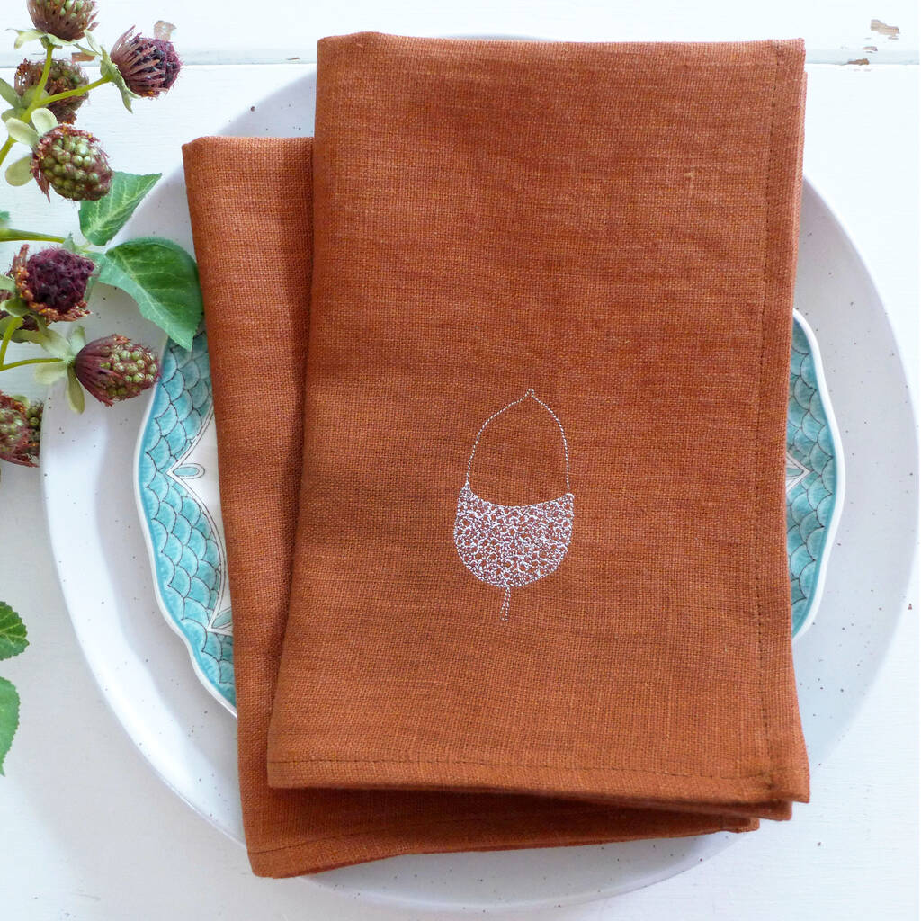 Embroidered Acorn Linen Napkins By Charlotte Macey