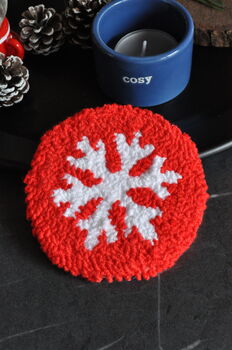 Christmas Snowflake Punch Needle Mug Rug And Coaster, 3 of 5