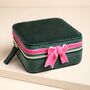 Green And Pink Velvet Bow Square Travel Jewellery Case, thumbnail 1 of 3
