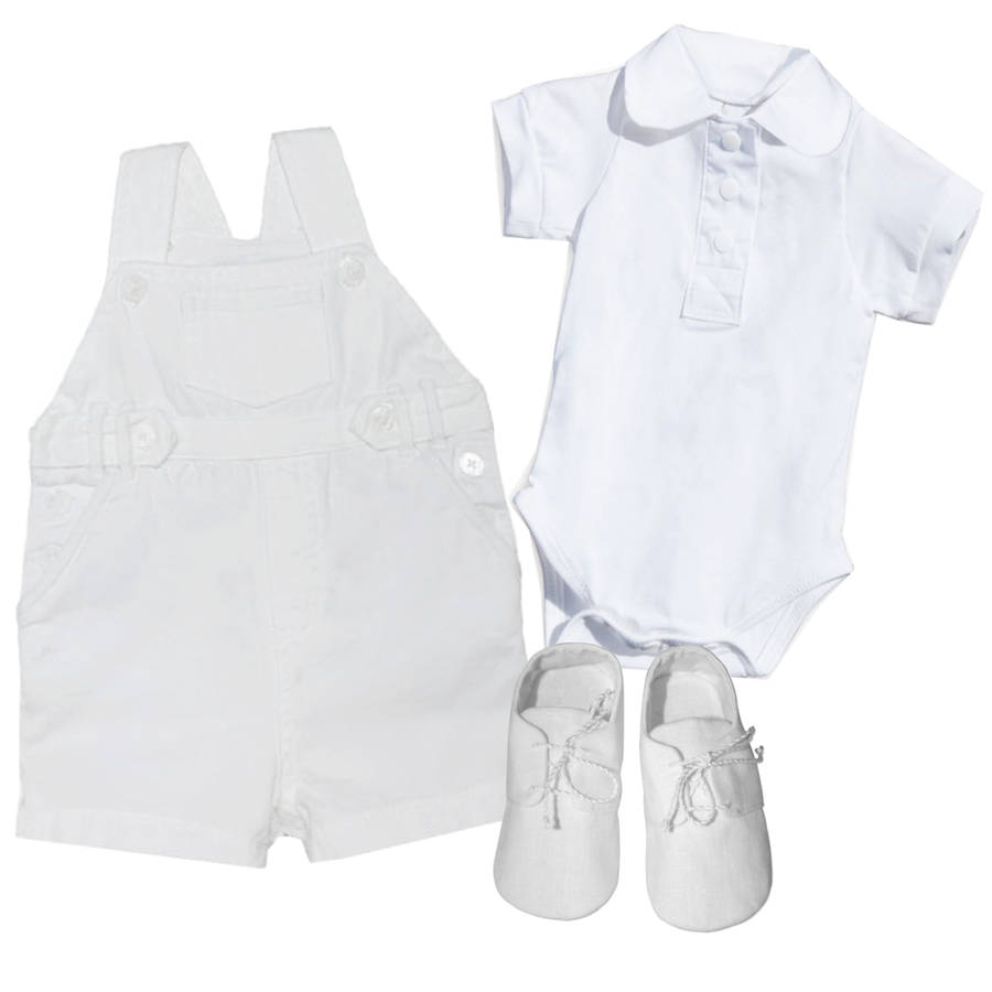 baby boys white cotton dungaree and bodysuit by chateau de sable