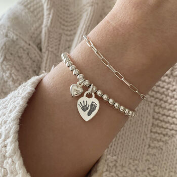 Sterling Silver Ball Slider Bracelet With Engraved Print Heart Charm, 3 of 11