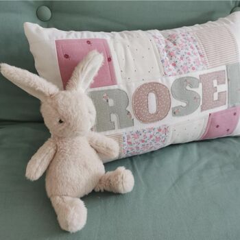 Memory Large Name Pillow, Custom Made From Baby Clothes. Personalised Cushion, Decorative Patchwork Pillow, 4 of 10