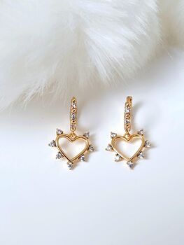 Cubic Zirconia Hollow Heart Charm Drop Earrings In 18k Gold Plated Hoops, 2 of 6