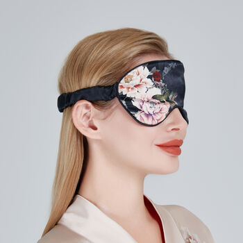 Silk Sleep Giftset Fleur Japonaise Midnight Blue Luxury Pillowcase Eye Mask And Scrunchie, 5 of 11