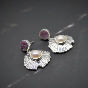 Raw Red Ruby, Pearl Sterling Silver Earrings, 4 of 7