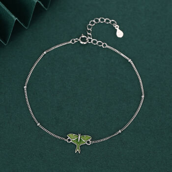 Sterling Silver Green Enamel Luna Moth Bracelet, 3 of 11