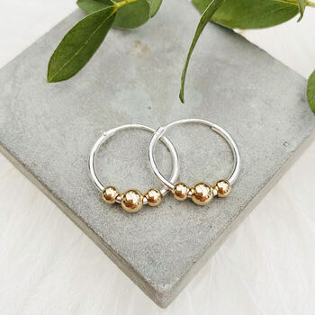 Sterling Silver Hoops With Three 9ct Solid Gold Beads, 3 of 5