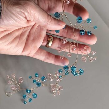 Blue And Blush Pink Crystal Bridal Hair Vine, 4 of 9