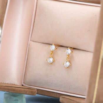 Tiny Double Cz Dangle Stud Earrings Sterling Silver, 2 of 11