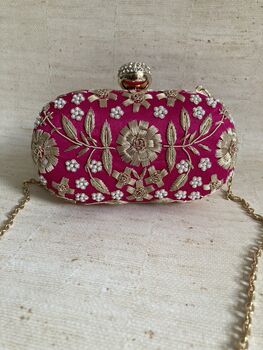 Hot Pink Raw Silk Oval Pearl Clutch Bag, 6 of 10