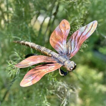 Copper Dragonfly Garden Stake – Outdoor Metal Sculpture – Copper And Brass Insect On Curved Pole, 2 of 7