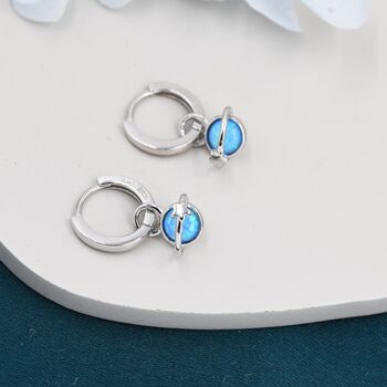Sterling Silver Blue Opal Planet And Star Huggie Hoop Earrings, 3 of 10