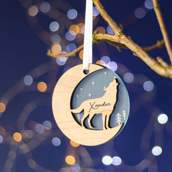 Starry Wolf Wood Personalised Christmas Decoration, 6 of 6