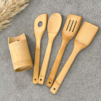 Bamboo Wood Kitchen Utensil Set With Holder, 3 of 8