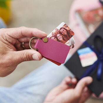 Personalised Leather Keyring For Grandad With Four Metal Photo Cards With Hot Stamped Initials, Name Or Date, 6 of 8