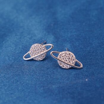 Saturn Silver Stud Earrings With Cz Stones, 5 of 7