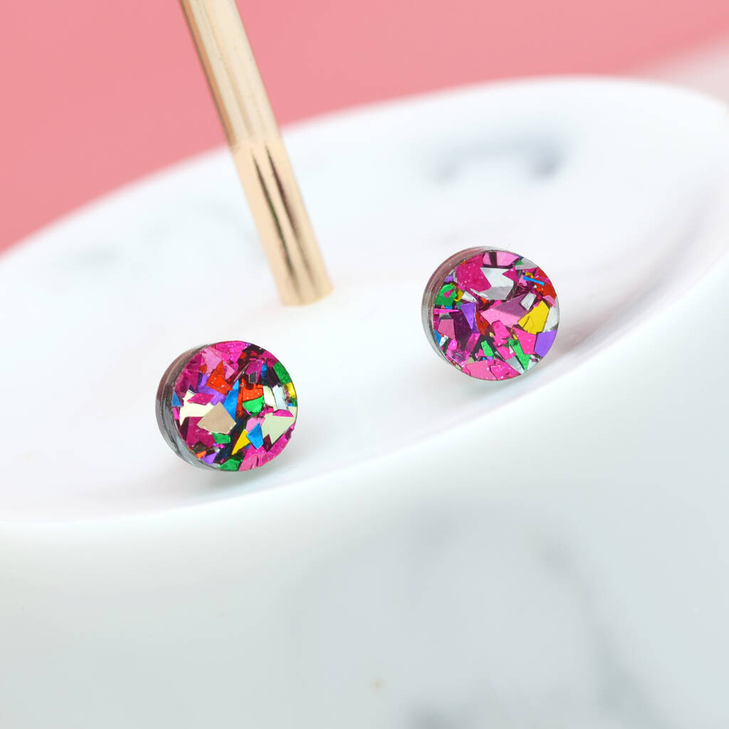 Pink Festival Confetti Acrylic Round Stud Earrings, 1 of 4