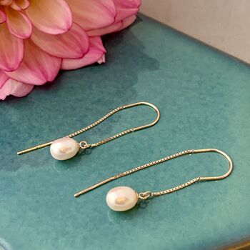 9ct Gold Freshwater Pearl Threader Earrings, 2 of 3