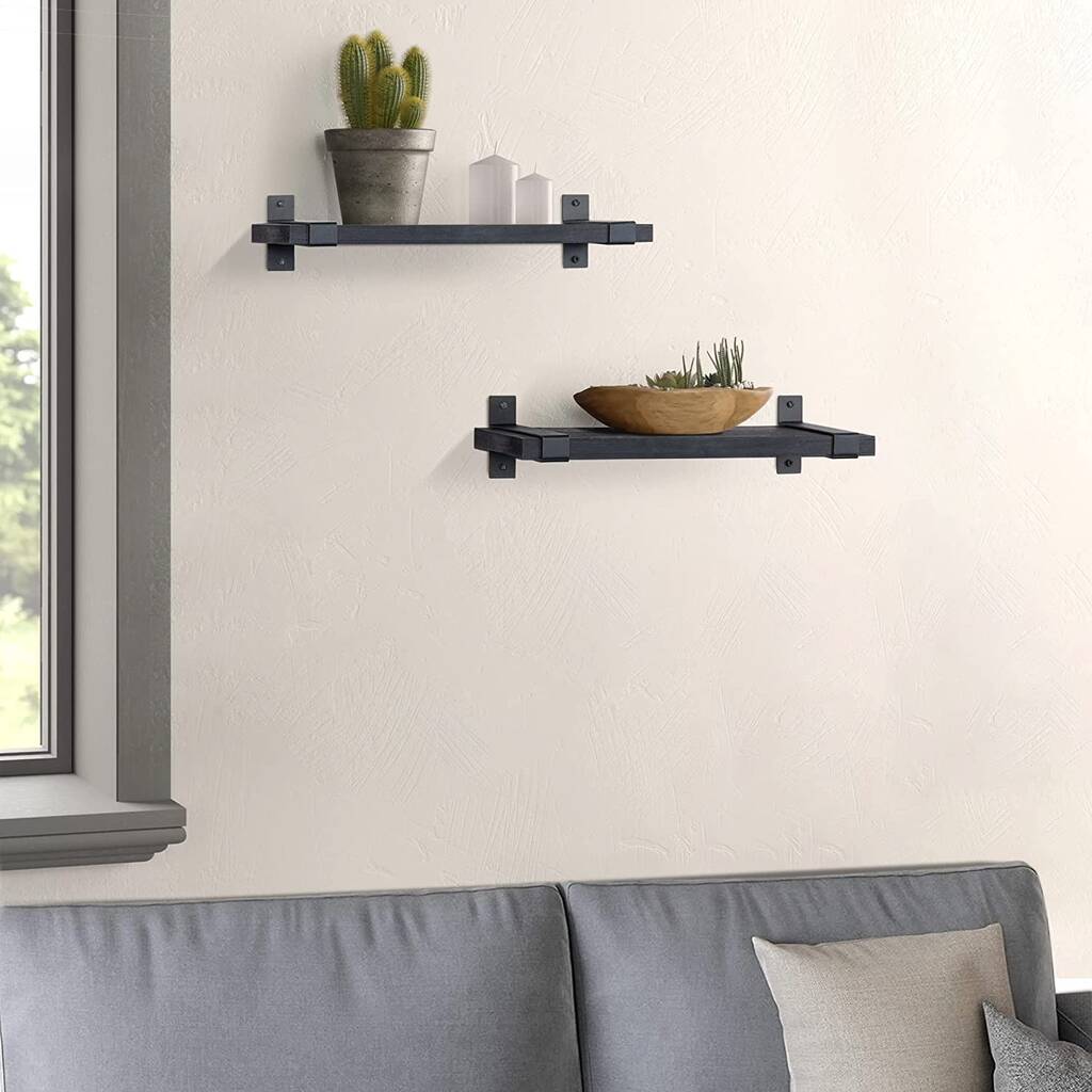 Set Of Two Black Solid Wood Wall Storage Shelves, 1 of 12