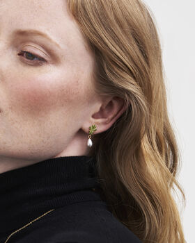 Oak Leaf Pearl Drop Gold Earrings, 2 of 8