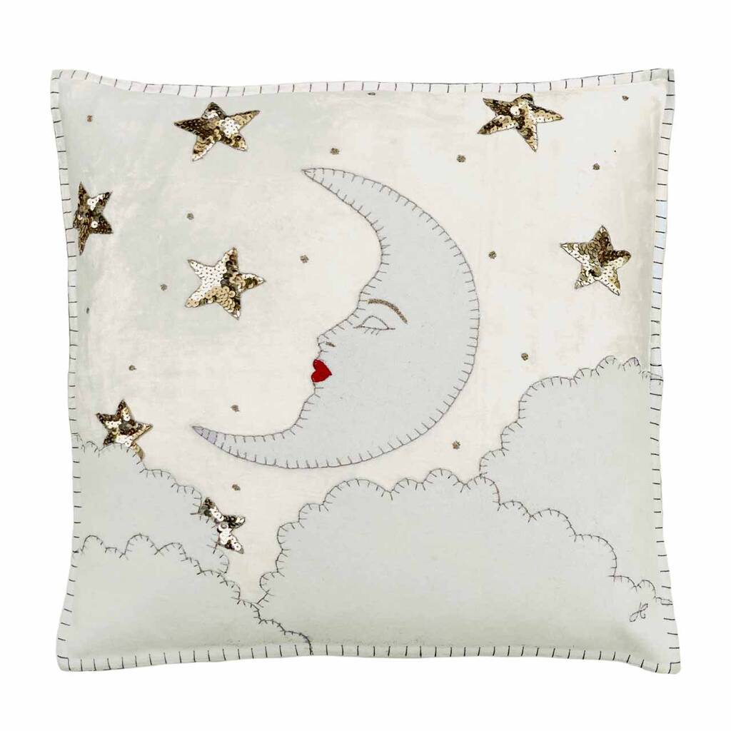 Cream Velvet Mr Moon Cushion With Gold Sequin Stars