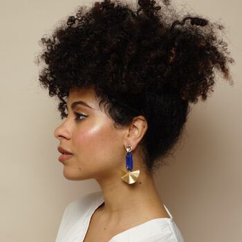 Inez – Blue And Gold Fan Art Deco Acrylic Statement Dangle Earrings, 2 of 6
